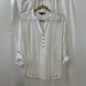 Zac & Rachel White Gauze Tunic Blouse XL Boho Pintuck Roll Tab Sleeve Top